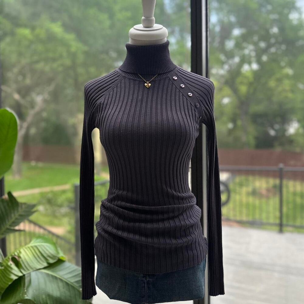Hooked Up Dark Gray Purple Toned Ribbed Turtleneck Button Detail Top